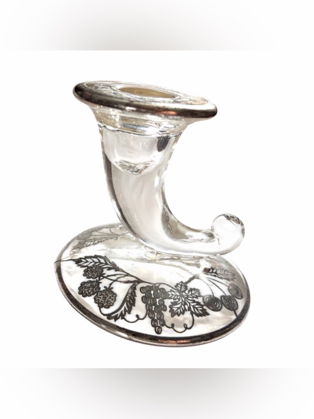 New Martinsville Mid-Century 4” Crystal Cornucopia Candlestick Silver Overlay